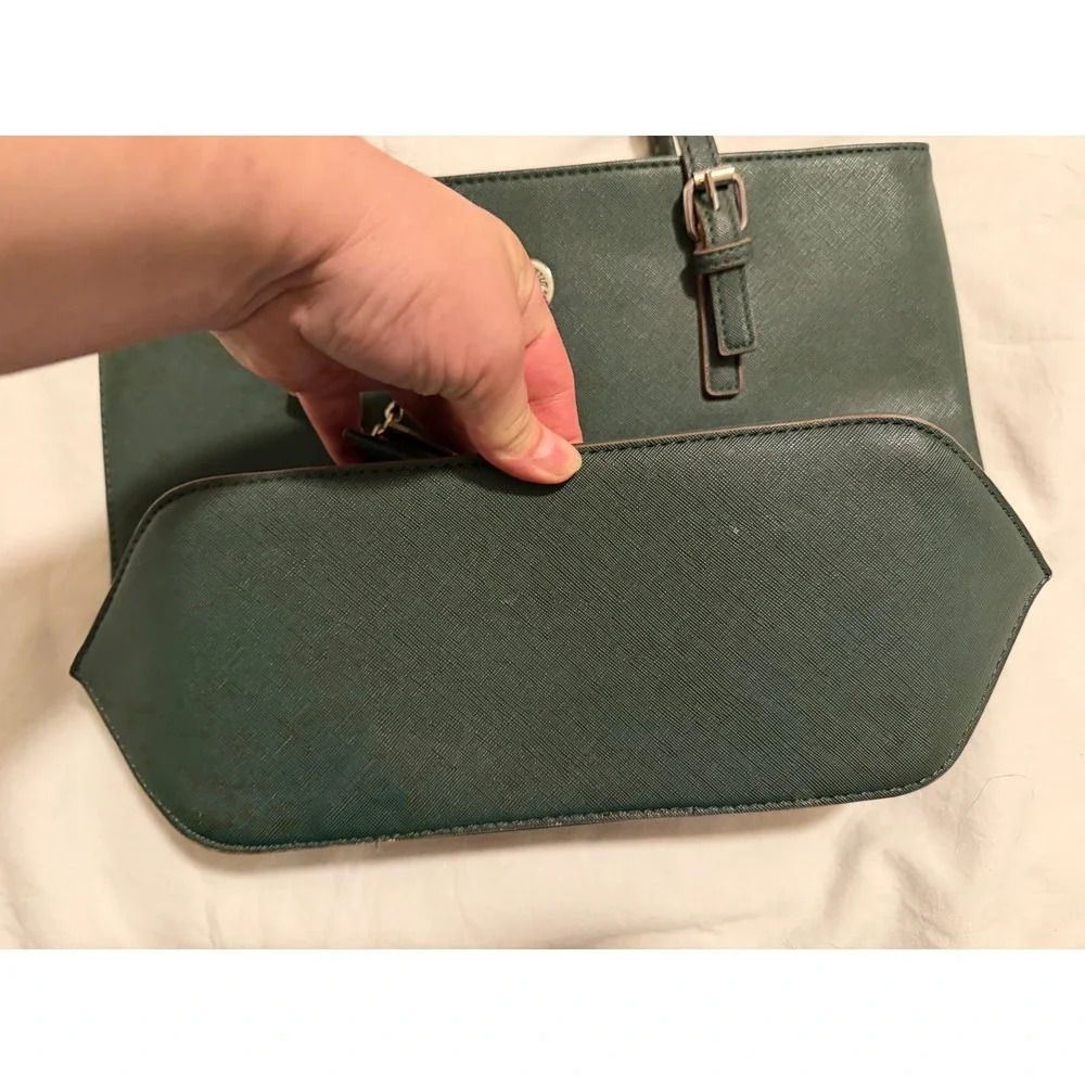 Anne Klein‎ Forest Green Saffiano Leather Tote Bag with Detachable Pouch Mens